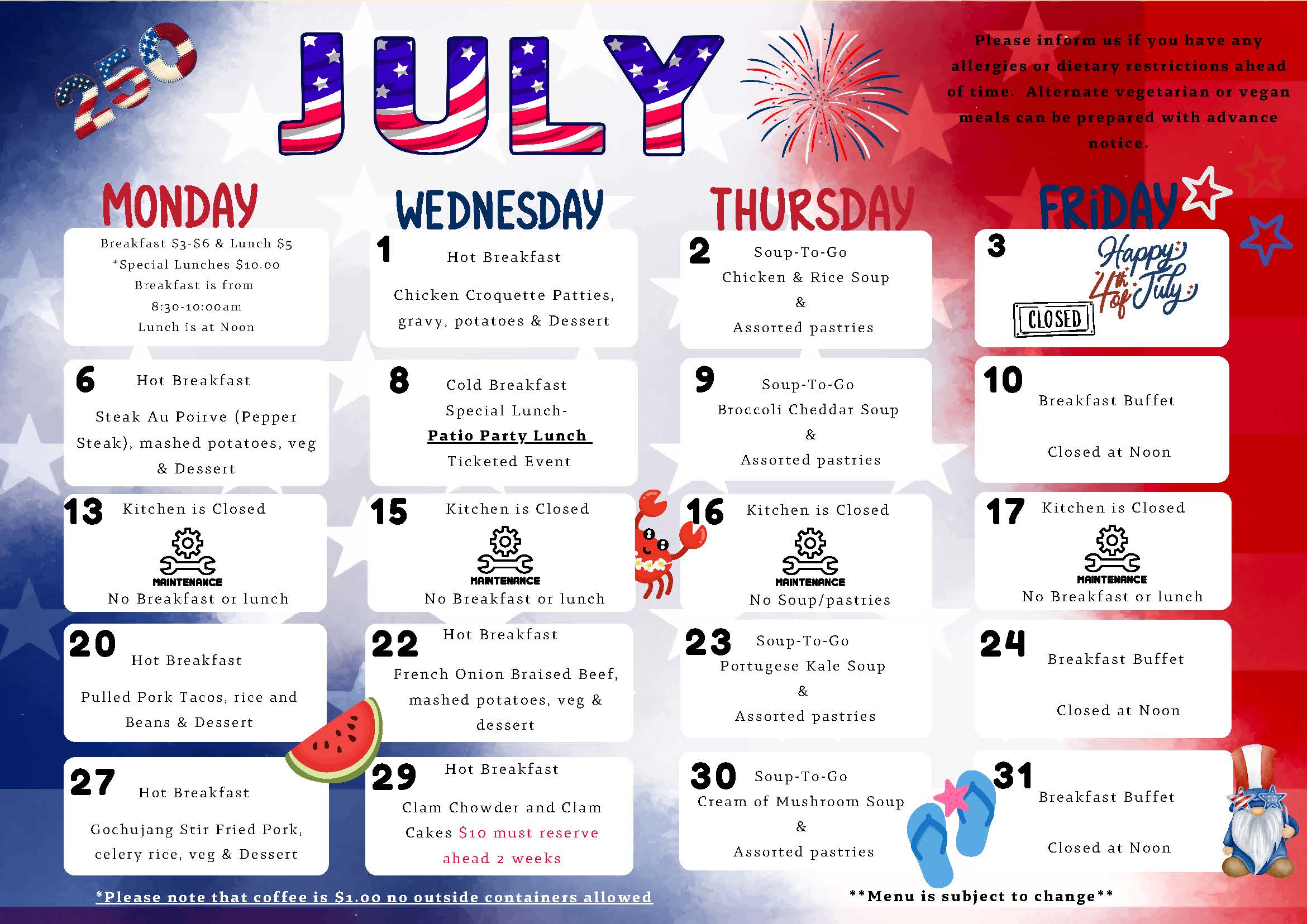July 2026 Meals Calendar