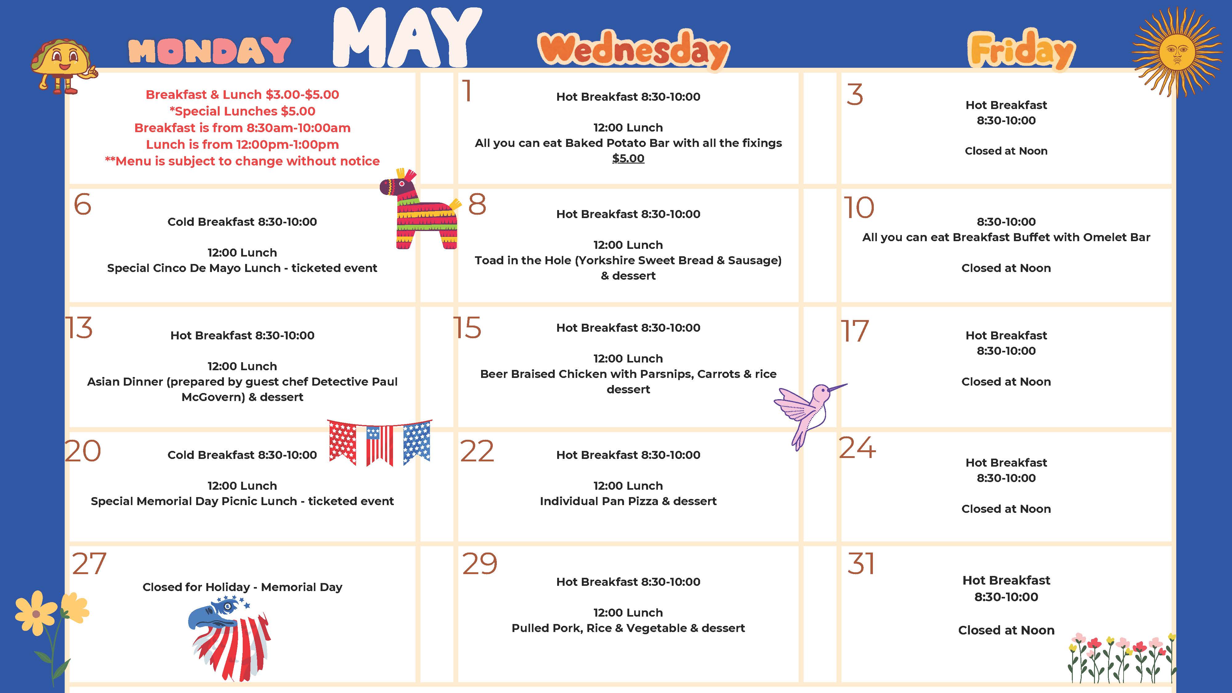 May 2024 Senior Center Calendar of Meals