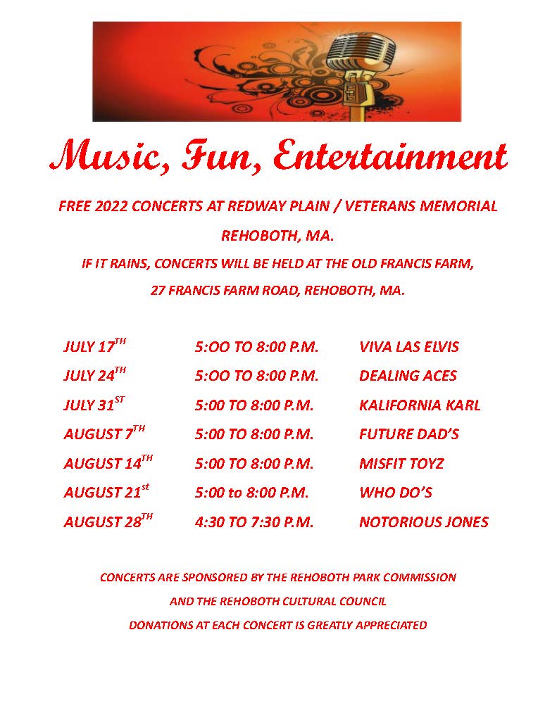 7th Annual Park Commission Free Concerts Town of Rehoboth MA