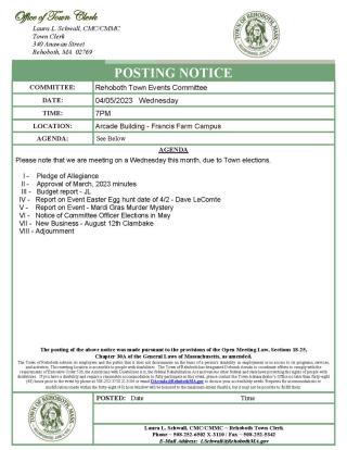  Rehoboth Town Events Committee Meeting       DATE:    Tuesday - April 5th, 2022 Please note that we are meeting on a Wednesday 