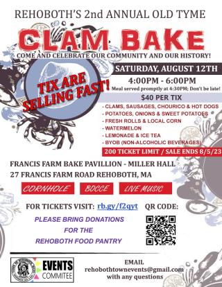 2nd Annual OldTyme Clambake at Francis Farm will be held on August 12th, 2023 from 4-6 PM. We will have clams, sausages, potatoe