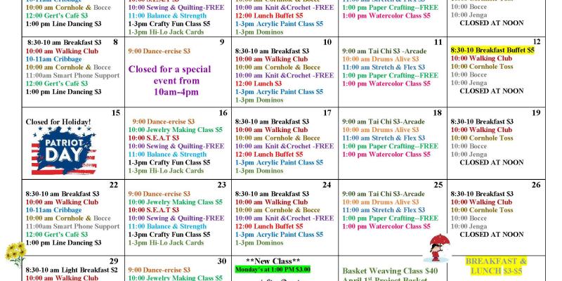 April 2024 Senior Center Calendar of Activities