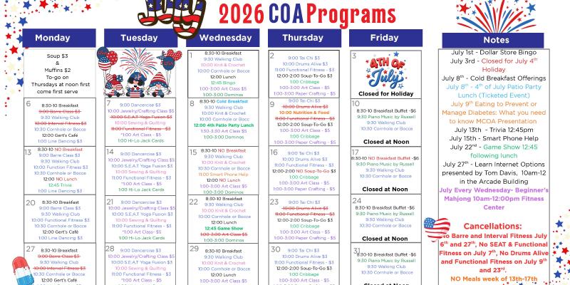 July 2026 Activities Calendar July 2026 Activities Calendar